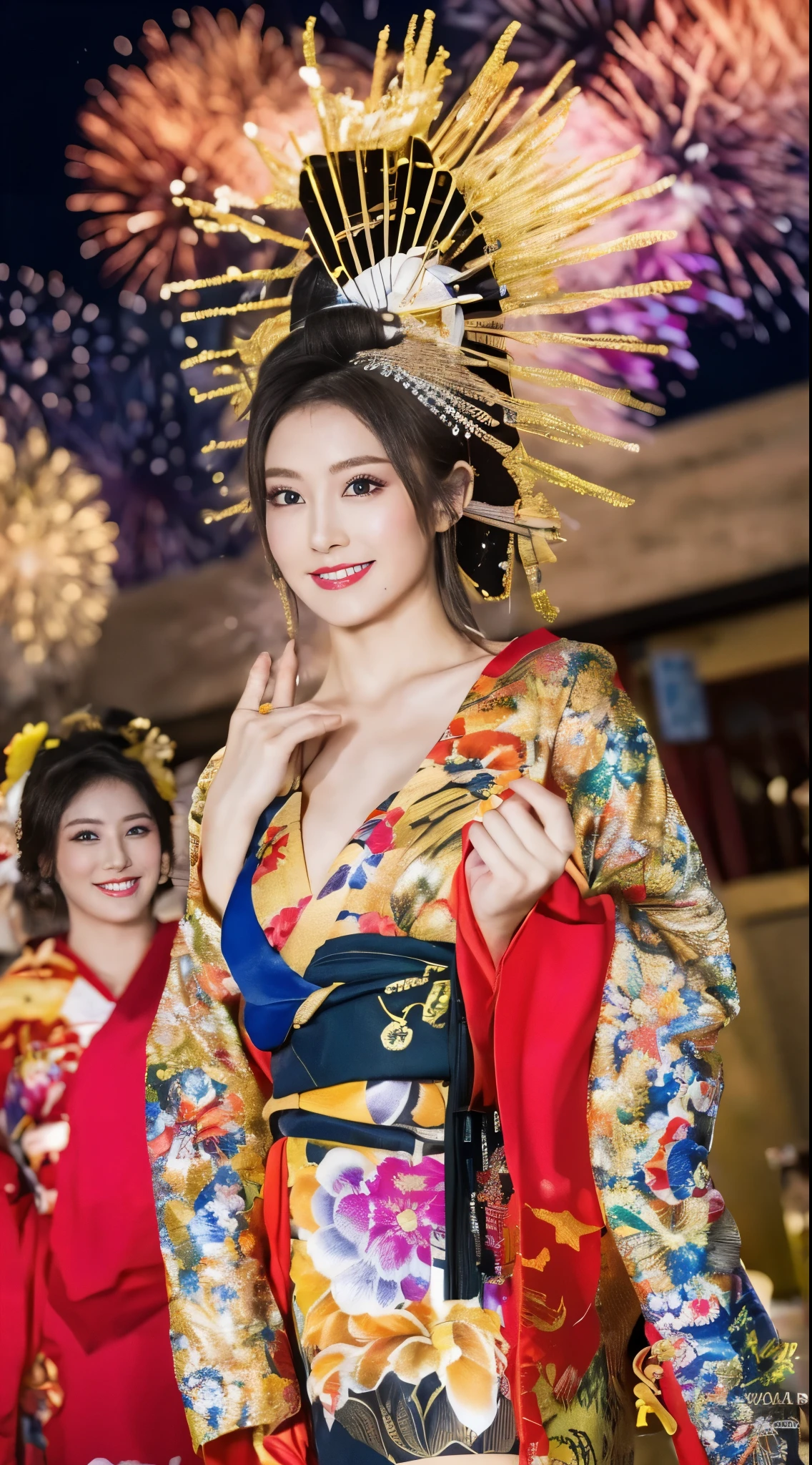 ((masterpiece(:1.4)，Highest quality，Ultra-high resolution，Highest quality，8k，Extremely detailed，In detail))。night，Fireworks display，Japanese，A beautiful woman，Big Breasts，Flashy gal makeup，Oiran，Long-sleeved kimono，Hair tying，hair ornaments，smoke tube，geta，Gorgeous and luxurious，(Fireworks displayのnightに河川敷で花火を背景にしたスナップ写真)，Hyper Quality