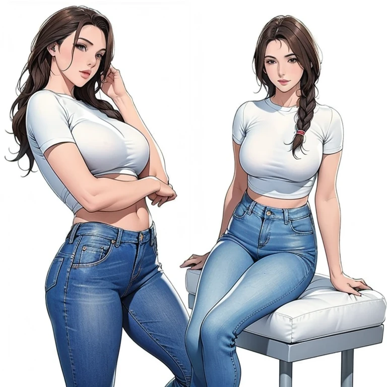 Detailed character sheet, Front view, Side view, Oblique view, with a white returnground, show women, 30 years old, with short dark brown hair combed return, Light casual clothing, Wear tight denim jeans. The seat includes different angles, Front desk etc.., return, and Side views, Model and Reference Sheets, Full body painting. The ratio is based on 7.5 Head Scale.