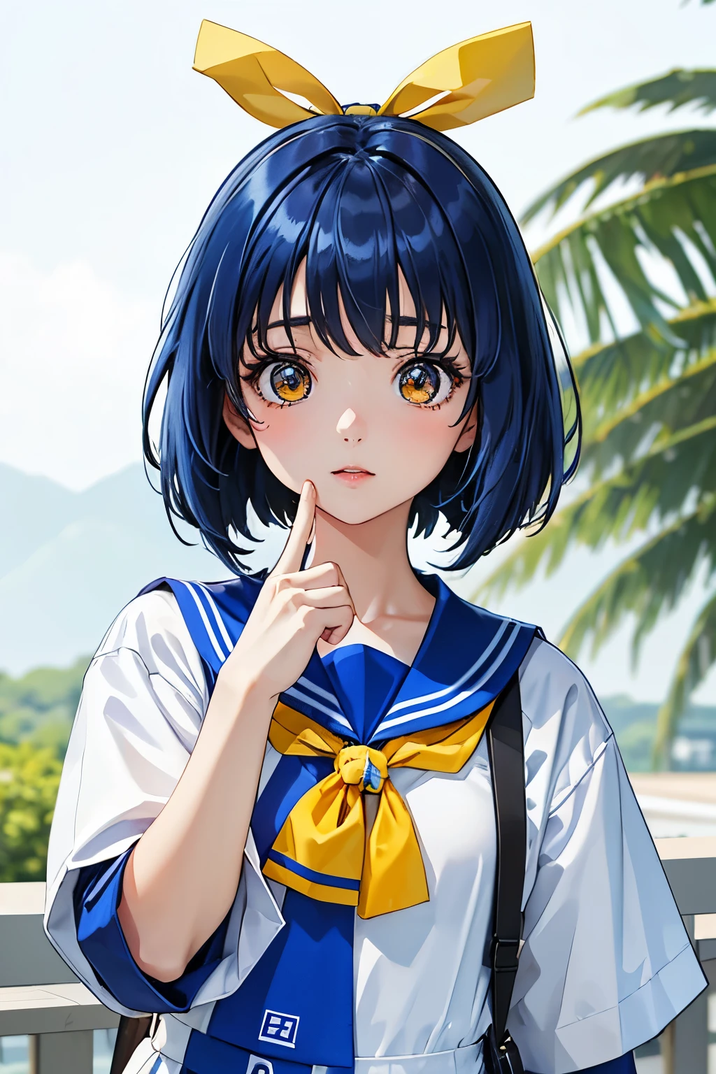 Asuka Honda、明日香、ASKA120%、Blue Hair、Bobcut、Yellow ribbon、Sailor suit（（（ＳＦＷ、sound、Highest quality、first-clasasterpiece、Normal body、8k、Detailed face、Ultra-precision、Normal hand、Normal finger、５Finger、Highest）））