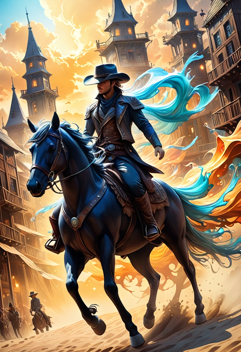 ( Anatomie parfaite ) Un beau cow-boy(chapeau de cowboy) Vêtements en jean équitation (Angle dynamique)Coucher de soleil sur les rues d&#39;une vieille ville de l&#39;ouest (Niveaux de couleurs riches)

                              Le vent et le sable coulent dans l&#39;air entrelaçant la scène brumeuse, éclairage de film, éclairage volumétrique, lumière brumeuse, Phares antibrouillard plage dynamique élevée effet cinématographique grand écran style bioluminescent illustration complexe grande profondeur de champ traitement cinématographique, Scène fantastique magique réaliste structure très détaillée surréaliste, art numérique, Détails élevés, HD
                    