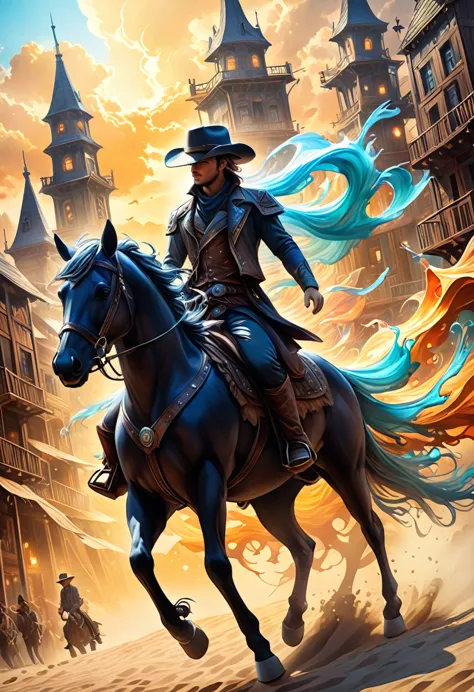 ( perfect anatomy ) A handsome cowboy(Cowboy hat) Denim clothes horse riding (Dynamic angle)Sunset over the streets of an old we...
