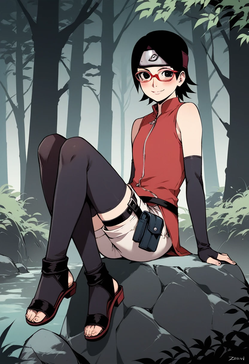 (score_9, score_8_up), score_7_up, zPDXL, Sarada Uchiha, solo, 1girl, black hair, short hair, red-framed eyewear, glasses, black eyes, red dress, sleeveless, elbow gloves, black gloves, fingerless gloves, white shorts, black thighhighs, thigh holster, toeless sandals, smile, looking at viewer, blushing, forehead protector, konohagakure symbol, sunny, forest, sitting on rock, orenji