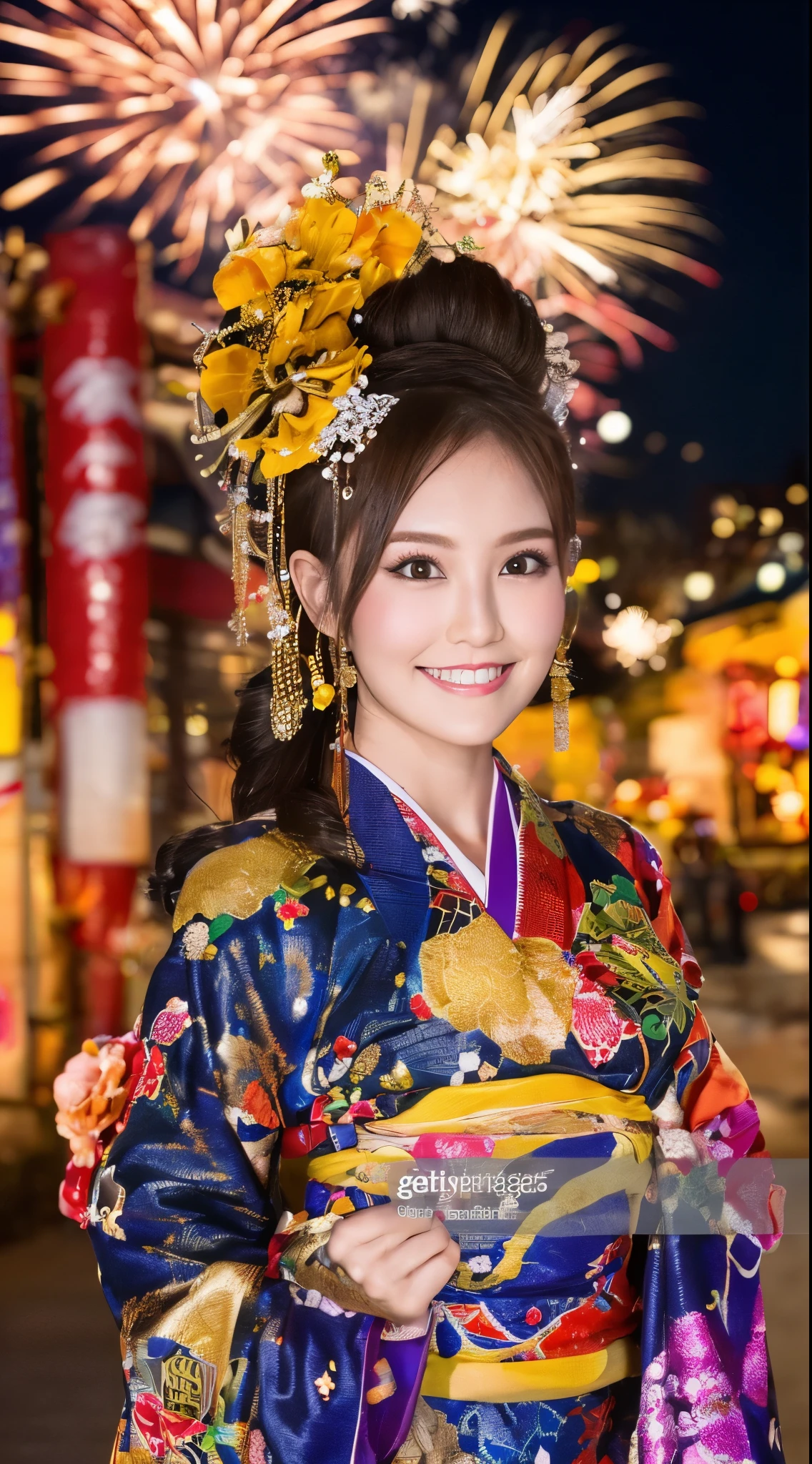 ((masterpiece(:1.4)，Highest quality，Ultra-high resolution，Highest quality，8k，Extremely detailed，In detail))。night，Fireworks display，Japanese，A beautiful woman，Big Breasts，Flashy gal makeup，Oiran，Long-sleeved kimono，Hair tying，hair ornaments，smoke tube，geta，Gorgeous and luxurious，(Fireworks displayのnightに河川敷で花火を背景にしたスナップ写真)，Hyper Quality