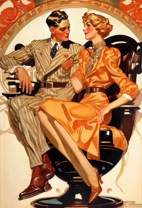 there is a poster of a man and a woman sitting on chairs., magazine cover art, joseph leyendecker, leyendecker, j c leyendecker,...