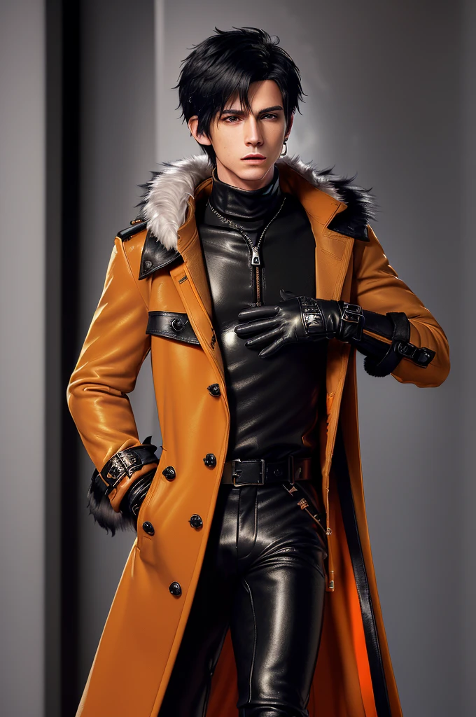 Final fantasy taste and reality graphics, ((Japanese young cute and cool ikemen  boy)), his age is early 20s, thin eyebrows and beady eyes,  ((he wearing orange beige color  thick and heavy material trench coat with black color neck fur)),((fur color is black)) ((coat is no leather material and soft fabric)), ((coat is large size)),((with epaulet)), ((coat is long sleeve)), ((zip up front of the coat with waist belt)), , ,, ((also wearing black thick material turtleneck lackluster shirts)),  ((tight black leather pants)),  ((put black leather tight and thin glove on both hands)), ((black leather glove)),((black leather knee-high raceup boots)),((must views  head-to-toe)),((must views whole body)), ,((Do not show skin from the neck down)),leather jacket leather glove and leather pants have few wrinkles, Avoid showing your innerwear,zip up jacket fastner.((must put on a leather glove)).
Boy is black hair.boy looks like fashion model.
Boy in the dim room.