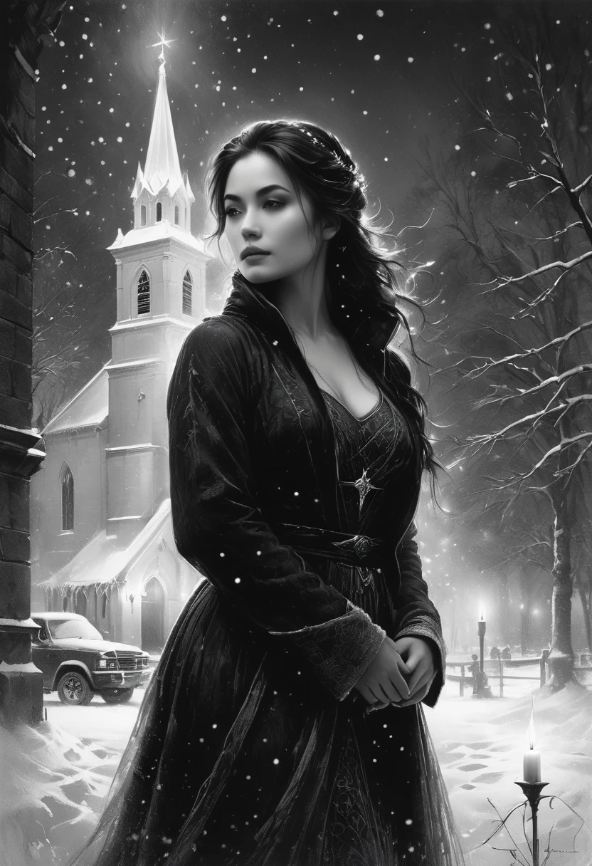 Black and white art, Sketch, fine lines and shading, a scattering of dots and lines creating a modern glitch effect, a serene winter scene depicting a beautiful woman standing gracefully in front of an enchanting snow-covered church, her graceful silhouette silhouetted against the soft glow of candles emanating from within, snowflakes falling softly around her, decorating her hair and red cloak with a delicate layer of frost, the frosty pattern creating a sense of ethereal beauty and peace, Fujifilm XT3, sharp focus, bokeh (dark light), inspiration. Authors: Jim Mahfood, Henry Asencio, Greg Rutkowski, Craig Davison, Jenny Saville, Bernie Wrightson, Frank Frazetta,Black and white art, black pencil shading, charcoal drawing, toned paper, pencil drawing, brutal dark b/w color scheme. style-sylvamagic, greg rutkowski