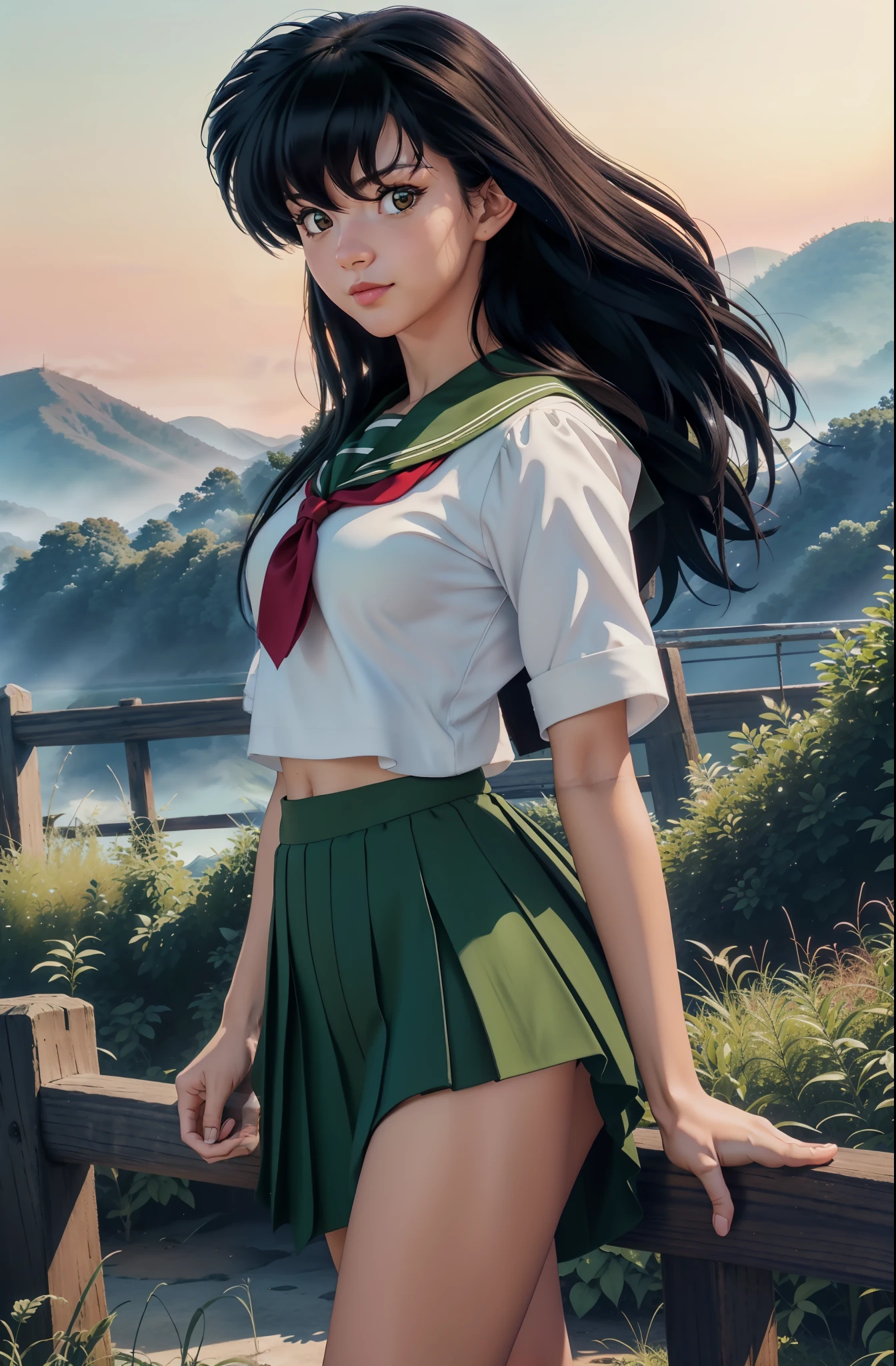 ultra realistic 8k cg, masterpiece, best quality, (photorealistic:1.4),beautiful lighting, RAW photo, film grain, ((tall, fit body, slim waist)), ((complex detailed background, hills background)), Kagome, 1girl, solo, long black hair, blunt bangs, cinematic, white sailor uniform with green accent, short green skirt, brown eyes, jawline, small mouth, looking at viewer, cute face