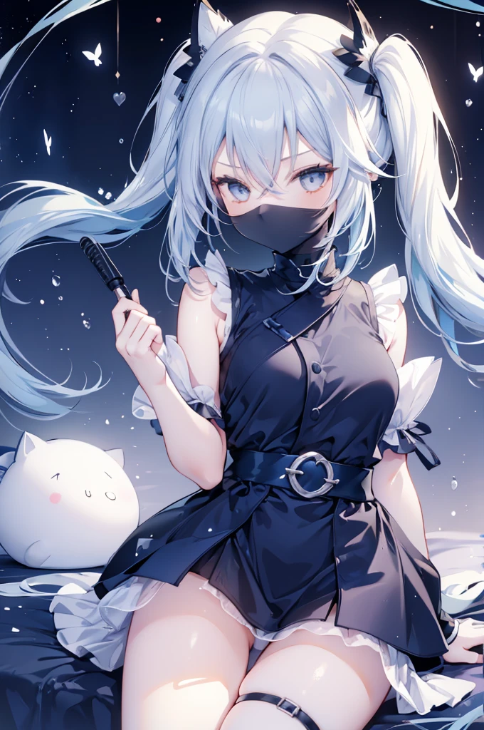 upper body, 1girl, wallpaper, light particles, bed, background, look at viewer, light blue hair, long hair, twintails, white eyes, ninja mask, teenegar