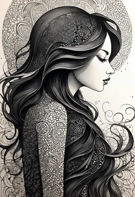 black pencil art, iron sand, magnets, mysterious patterns, beautiful woman gazing curiously, 2.5D, delicate and dynamic, shading...