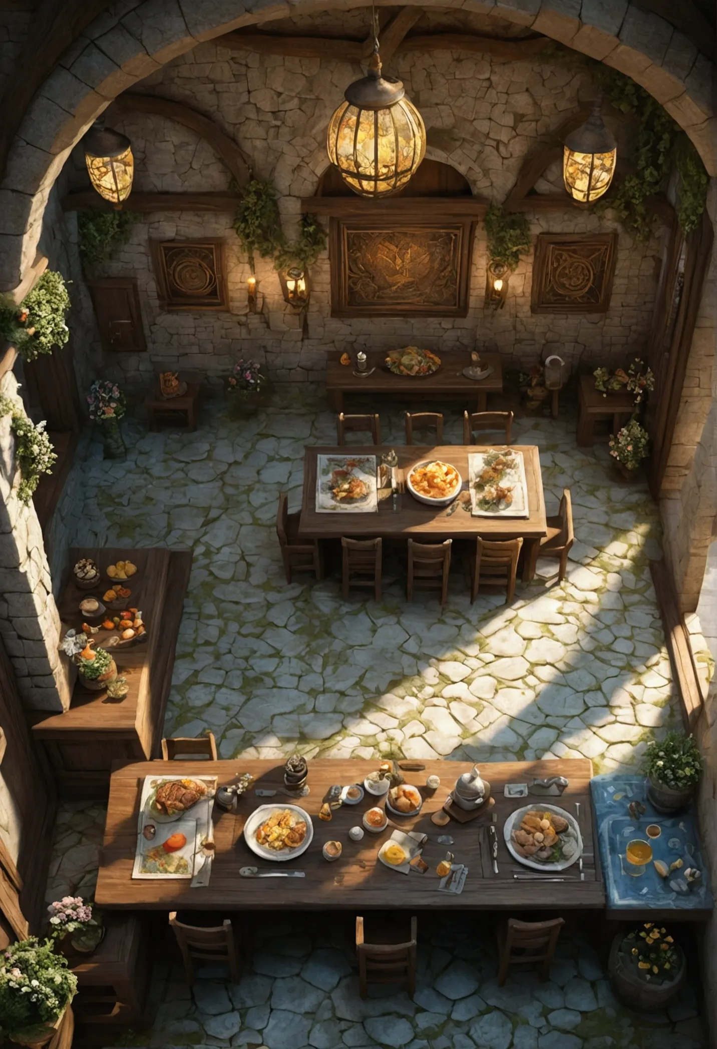 drone aerial view, bright breakfast tavern battle map, dungeons &amp; dragons, final fantasy, game art, (coherent architecture a...