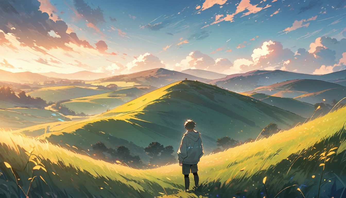 A high quality anime style image depicting an 18 year old boy in a hoodie standing on the top of a hill. The boy places his hands on his chest as a glowing light emanates from it, illuminating his surroundings. In the background is a serene landscape of rolling hills and clear blue skies. A gentle breeze rustles the grass, creating an atmosphere of calm and tranquility. The boy's expression is full of determination and hope, symbolizing his inner strength and enlightenment. The overall mood is one of inspiration and renewal, capturing a key moment of self-discovery and empowerment.