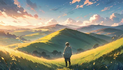 A high quality anime style image depicting an 18 year old boy in a hoodie standing on the top of a hill. The boy places his hand...