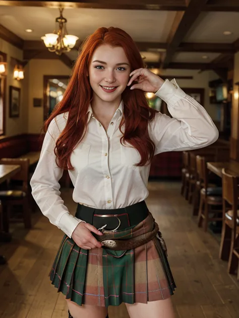 cowboy shot, full-body, on floor, in pub, night ,standing pose,  looking at viewer, beautiful scottish girl, 18 years-old, (red ...