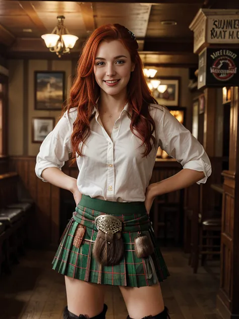 cowboy shot, full-body, on floor, in pub, night ,standing pose,  looking at viewer, beautiful scottish girl, 18 years-old, (red ...