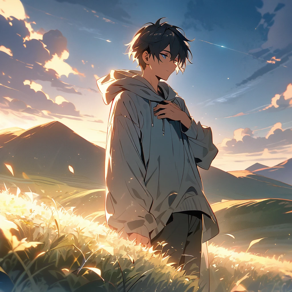 A high quality anime style image depicting an 18 year old boy in a hoodie standing on the top of a hill. The boy places his hands on his chest as a glowing light emanates from it, illuminating his surroundings. In the background is a serene landscape of rolling hills and clear blue skies. A gentle breeze rustles the grass, creating an atmosphere of calm and tranquility. The boy's expression is full of determination and hope, symbolizing his inner strength and enlightenment. The overall mood is one of inspiration and renewal, capturing a key moment of self-discovery and empowerment.