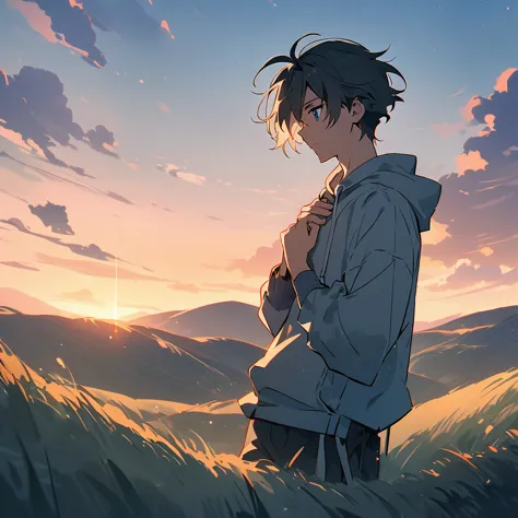 A high quality anime style image depicting an 18 year old boy in a hoodie standing on the top of a hill. The boy places his hand...