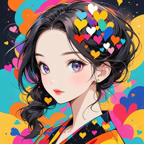 Black Star colorful style, Simple Line Initialism，Abstract art，Urban Background, (((The most beautiful girl of all time))), Sweet face. Lips in love, colorful hearts, stylish design