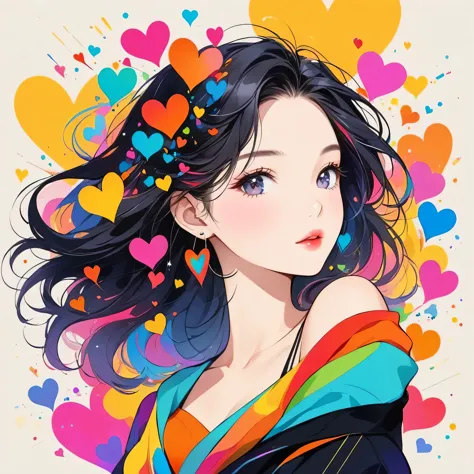 Black Star colorful style, Simple Line Initialism，Abstract art，Urban Background, (((The most beautiful girl of all time))), Sweet face. Lips in love, colorful hearts, stylish design