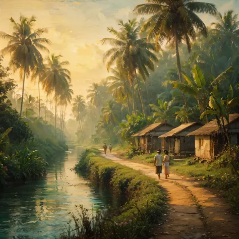 soft palette knife painting, documentary photography of landscapes in the afternoon,coconut tree,banana tree,small river,tepian small river,a small road there is an Indonesian farmer walking with his wife,soothing and cooling feeling, dull canvas,soft wax encaustic and oil painting,soft strokes, exotic scene, vintage colour