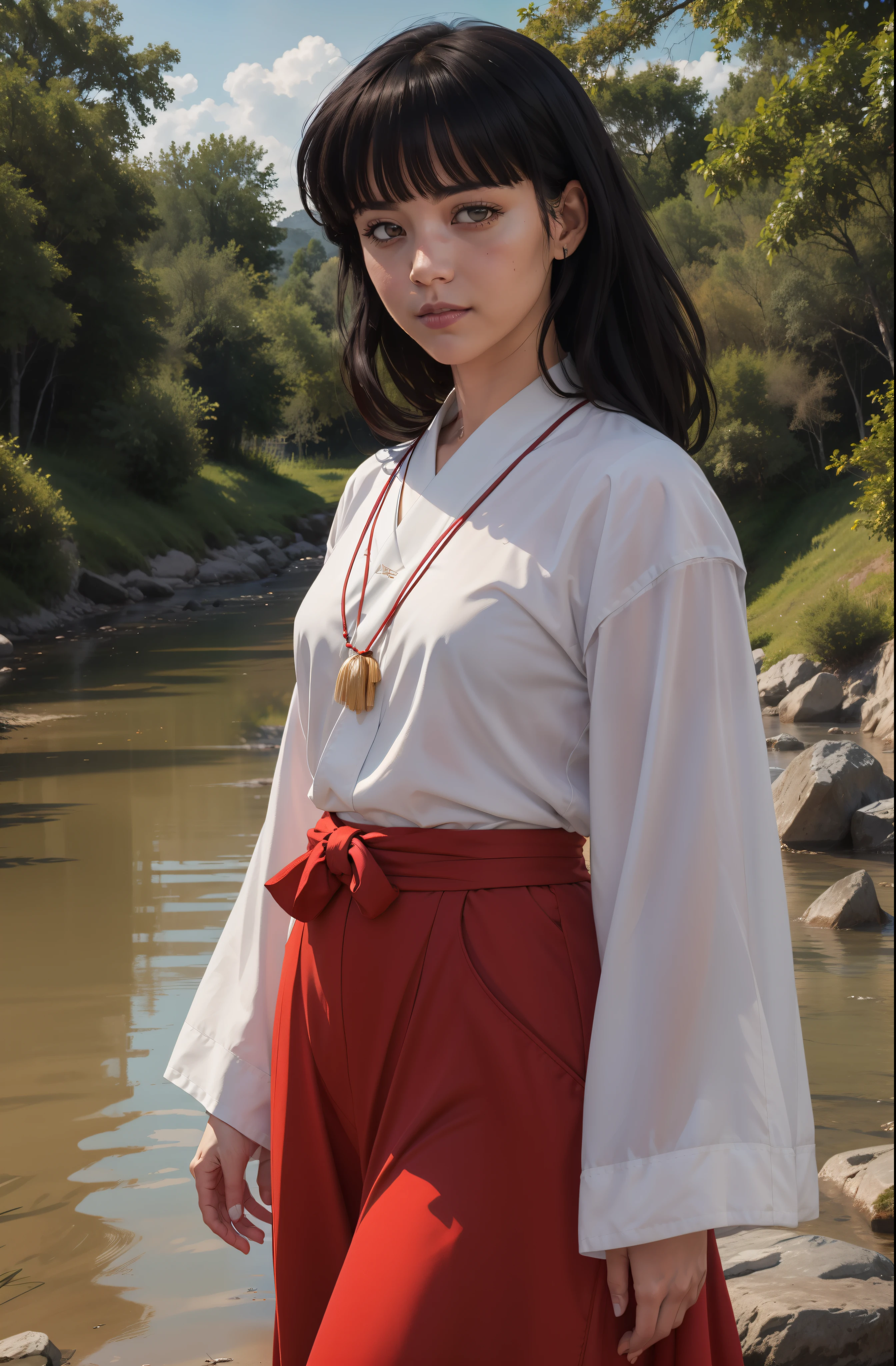 ultra realistic 8k cg, masterpiece, best quality, (photorealistic:1.4),beautiful lighting, RAW photo, film grain, ((tall, fit body, slim waist)), ((complex detailed background, riverbank background)), Kikyo, 1girl, solo, long black hair, blunt bangs, cinematic, large white japanese robe with red stitches, red necklace, red skirt, brown eyes, jawline, small mouth, looking at viewer, cute face