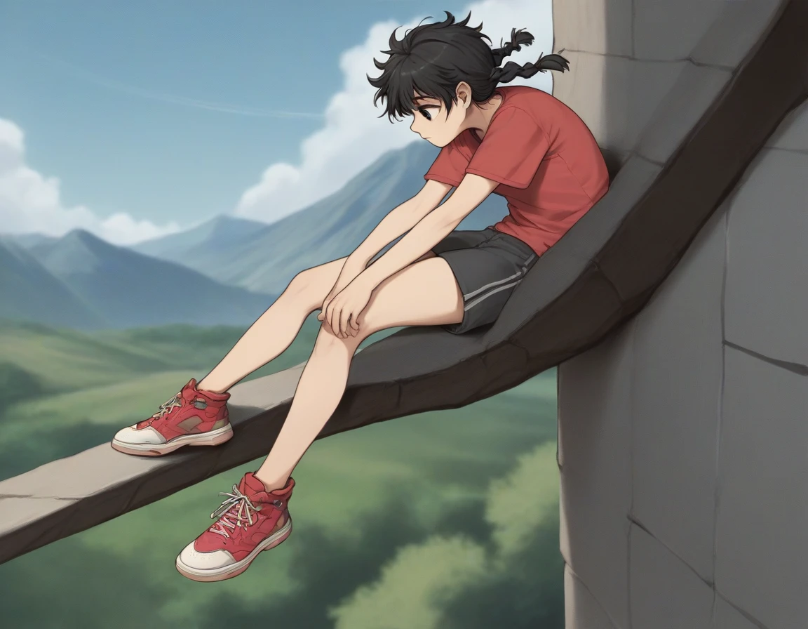 Fraction_9, Fraction_8_up, Fraction_7_Direction_6_Direction_5_Direction_4_up, src_Japanese cartoons, rest,1 Girl, Gentle, (small:0.7),Thigh width, Black Hair, Messy hair,OTS Miyoshi ,Black Hair,Double braid,black eyes,little girl，Climbing the mountains
