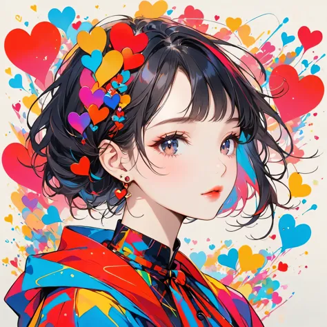 Mika Pikazo red and black style, Simple Line Initialism，Abstract art，Urban Background, (((The most beautiful girl of all time))), Sweet face. Lips in love, colorful hearts, stylish design