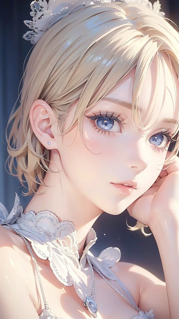 (masterpiece: 1.2, Highest quality),  (Realistic, Intricate details, Depth of subject), Highest quality, masterpiece, Very detailed,  1 girl, Mature Woman, Blonde Short Hair, (Very delicate and beautiful face), (Beautiful eyes in every detail), blue eyes, King&#39;s Clothes,  Slim figure, A crown made of precious gold,