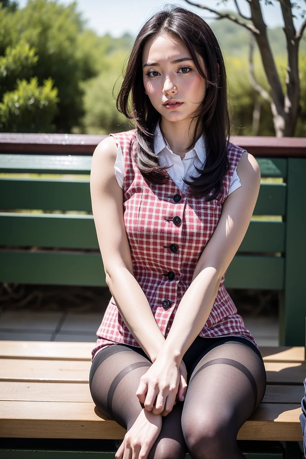 Urzan-6500-v1.1, (RAW Photos:1.2), (Realistic), (Genuine:1.4), １girl、Perfect Anatomy、42 years old、Looking into the camera、Medium Long Hair、Plaid vest、((Sit on a bench:1.3))、(Ultra-realistic pantyhose:1.2), (High heels)、(Business services)、