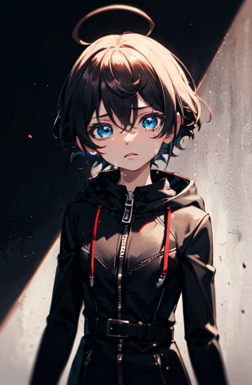 (upper body:1.4), standing, facing viewer, straight-on, sad, shouting, crying with eyes open, underground, laboratory, (stasis tank:1.3), aaxion, short hair, hood, black coat, hooded coat, zipper, long sleeves, black pantyhose, black gloves, black knee boots,  display glitch, (white wall:1.2),, absurdres, ultra detailed, masterpiece, best quality, aesthetic, detailed,