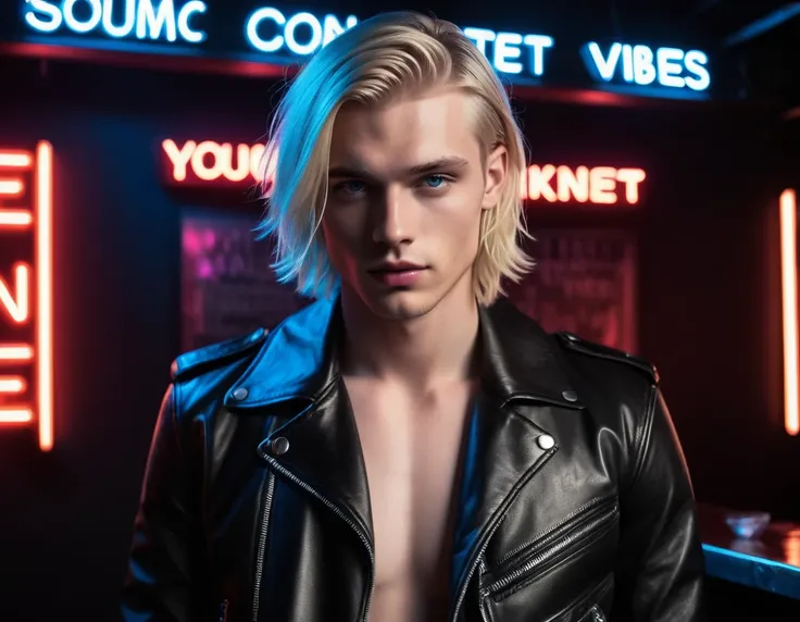 hyper realistic, dark vibes, solo, young male fashion model, round face shape, 22 years, pale skin, blue eyes, (textured blond h...