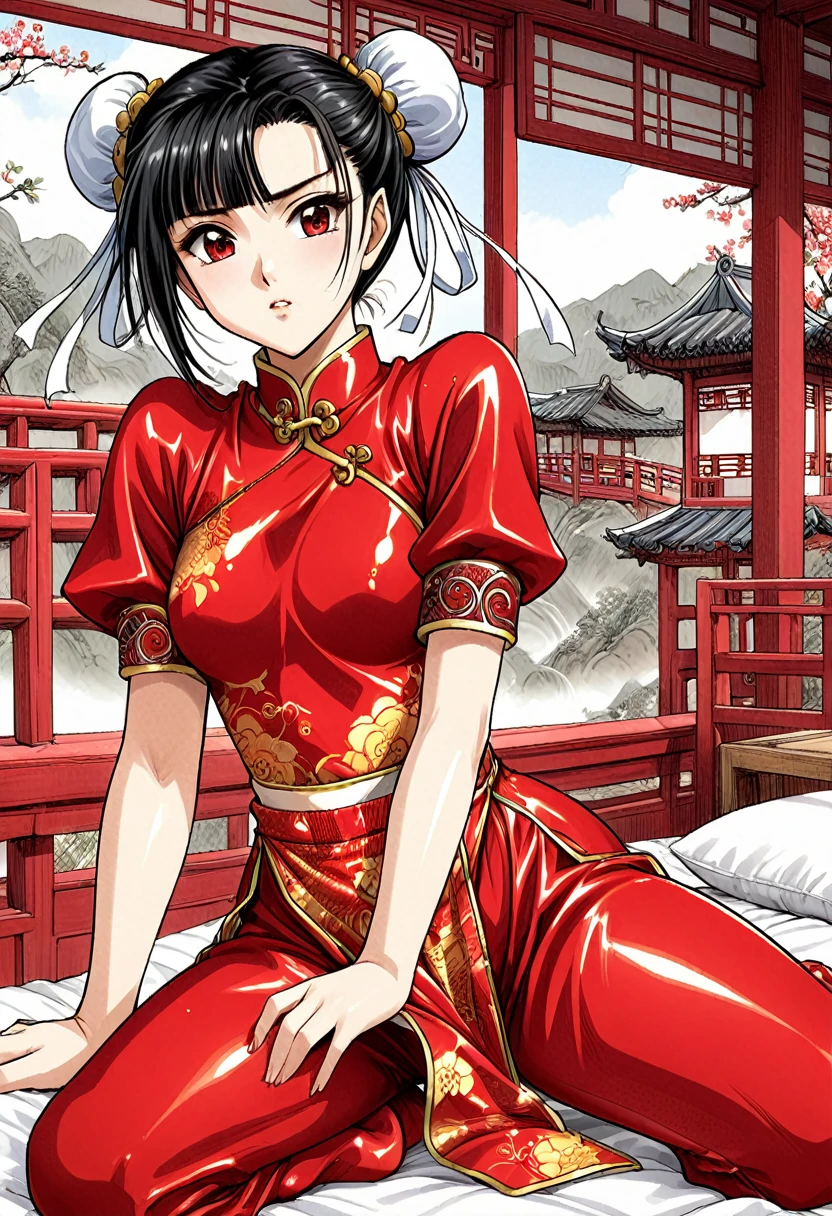 Beautiful 15 year old girl　Chunli　She is wearing a shiny red long-sleeved Chinese dress.　She is wearing red shiny Chinese pants that expose her genitals.　She has hair on her pussy　She is raped by a perverted old man on her futon.