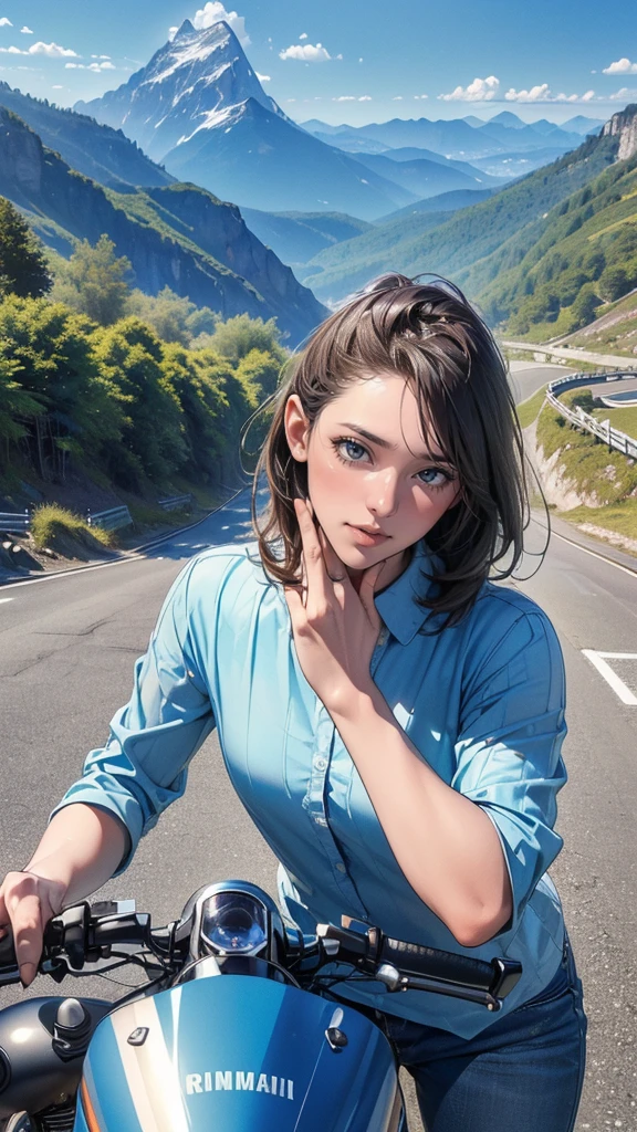 (From bellow),(looking at camera), (ultra detailed, high quality,4K,8K,High resolution, masterpiece:1.5), (Realistic, photorealistic:1.37), (perfect anatomy), (Perfect ratio of fingers to thumb), ((Under the clear blue sky, Beautiful Mountain, Mountain road surrounded by)), (straddling on a motorcycle , Yamaha, #motorcycle, blue color),(wearing blue-bikini:1.5, beautiful blue color:1.3, blue-bikini), (Beautiful girl appearance),(Dark brown hair, medium short hair, detailed hair, Messy Hair), (facial expression, smile, happy, enjoying ), (sweaty body:1.1, cute breasts, Small waist, Big Ass, Long legs, short boots), (This is a town at the foot of the Rocky Mountains,Banff,Canada)