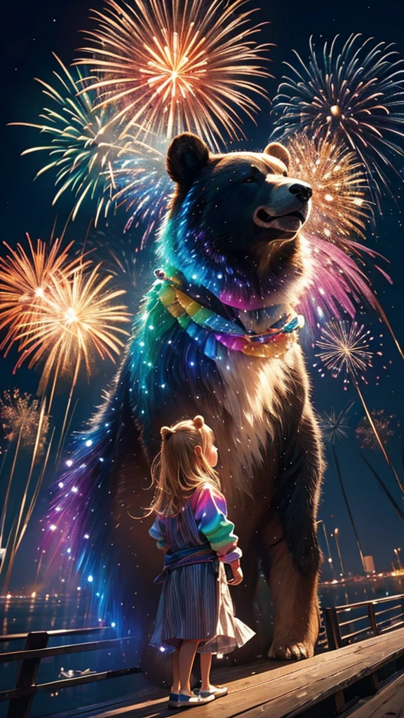 Rainbow colorsの子Bear、Bear、親子Bear、子Bear、Bear、子Bearたちに囲まれて、Mysterious Landscape、firework、firework大会、Rainbow colorsのfireworkが打ちあがっている瞬間、夜nullとともに、幻想的な海景色で壮大なfirework、future都市、Highest quality、masterpiece, (Diffuse reflection of light:1.2), When the fantastic rainbow turns into shadow, bathed in a mystical atmosphere.子Bearたちも見ています, Cast magic spells. evoke a sense of wonder and awe. A fusion of natural grandeur and magic, Weaving dreams into reality. Behold, null, And the unknown, Fleeting、And an eternal moment, 16K, Ultra-high resolution.Realistic, Ultra-high resolution, to be born,future、Rainbow colorsに光り輝く、Rainbow colors、The world 30 years from now。