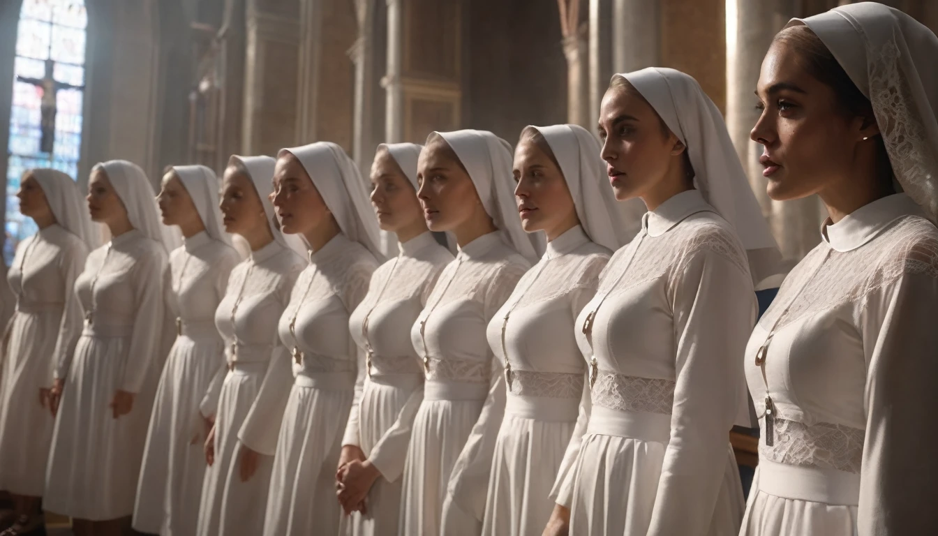 ((mejor calidad)), ((obra maestra)), (detalle), crowd of beautiful church nun women dentro de la iglesia, mujeres con sujetador y bragas de encaje blanco, mujeres de pie en una línea apretada, dentro de la iglesia, highly detalleed, alta calidad, iluminación cinematográfica, Fotorrealista, 8K, obra maestra