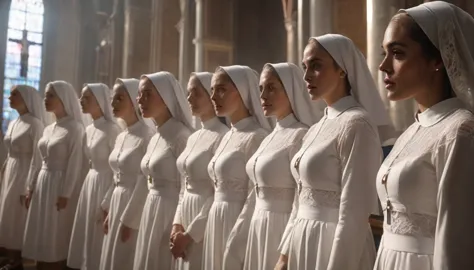 ((best quality)), ((masterpiece)), (detail), crowd of beautiful church nun women inside church, women wearing white lace bra pan...