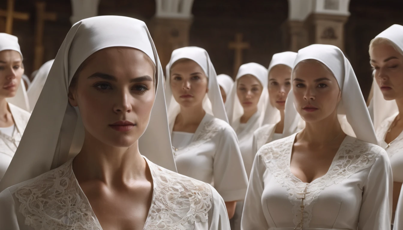 ((melhor qualidade)), ((obra de arte)), (detalhe), crowd of beautiful church nun women dentro da igreja, mulheres usando calcinha e sutiã de renda branca, mulheres em uma fila apertada, dentro da igreja, highly detalheed, alta qualidade, iluminação cinematográfica, fotorrealista, 8K, obra de arte