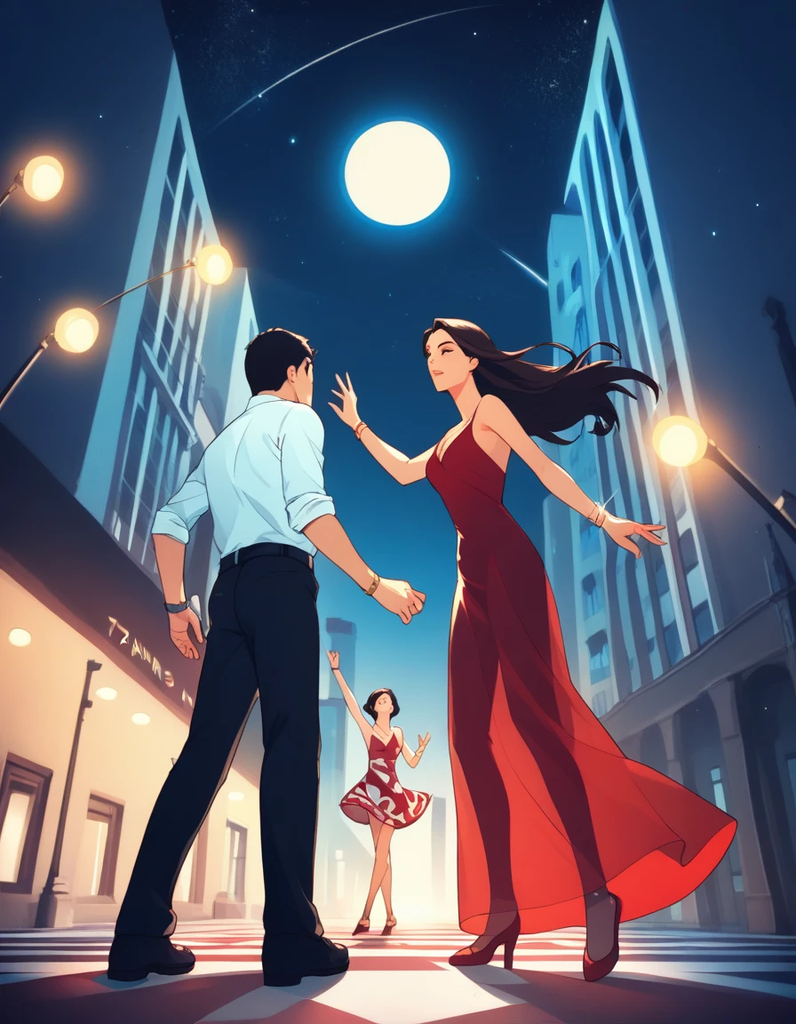 a masterpiece, stunning detail, an action shot, low angle, (top quality)), ((masterpiece)), a long hair girl, transparent long red dress, dance tango with a man, lamps, brown hair, shirt, black hair, 1boy, cleavage, jewelry, tango, hetero, multiple couples, pants, looking at another, bracelet, transparent dress, ,outdoors, full moon, strong wind, outdoors, full body, starry sky, at sea,,outdoors,(tango:1.2)