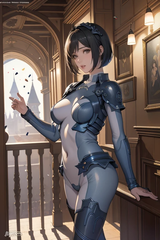 Highest quality, Official Art, masterpiece, Fabric Shading, High resolution, Very detailed, colorful, Best details, Fantasy, suit, Song Joo A:1.5, 1 female, Age 25, Standing on the stairs,Pub with castle view, Many Stars々Shining night,short hair, bob cut, black hair,  {Surrounded by a lot of people:1.9}, Confetti falling、Blessed、Welcomed:1.5, whole body:1.6