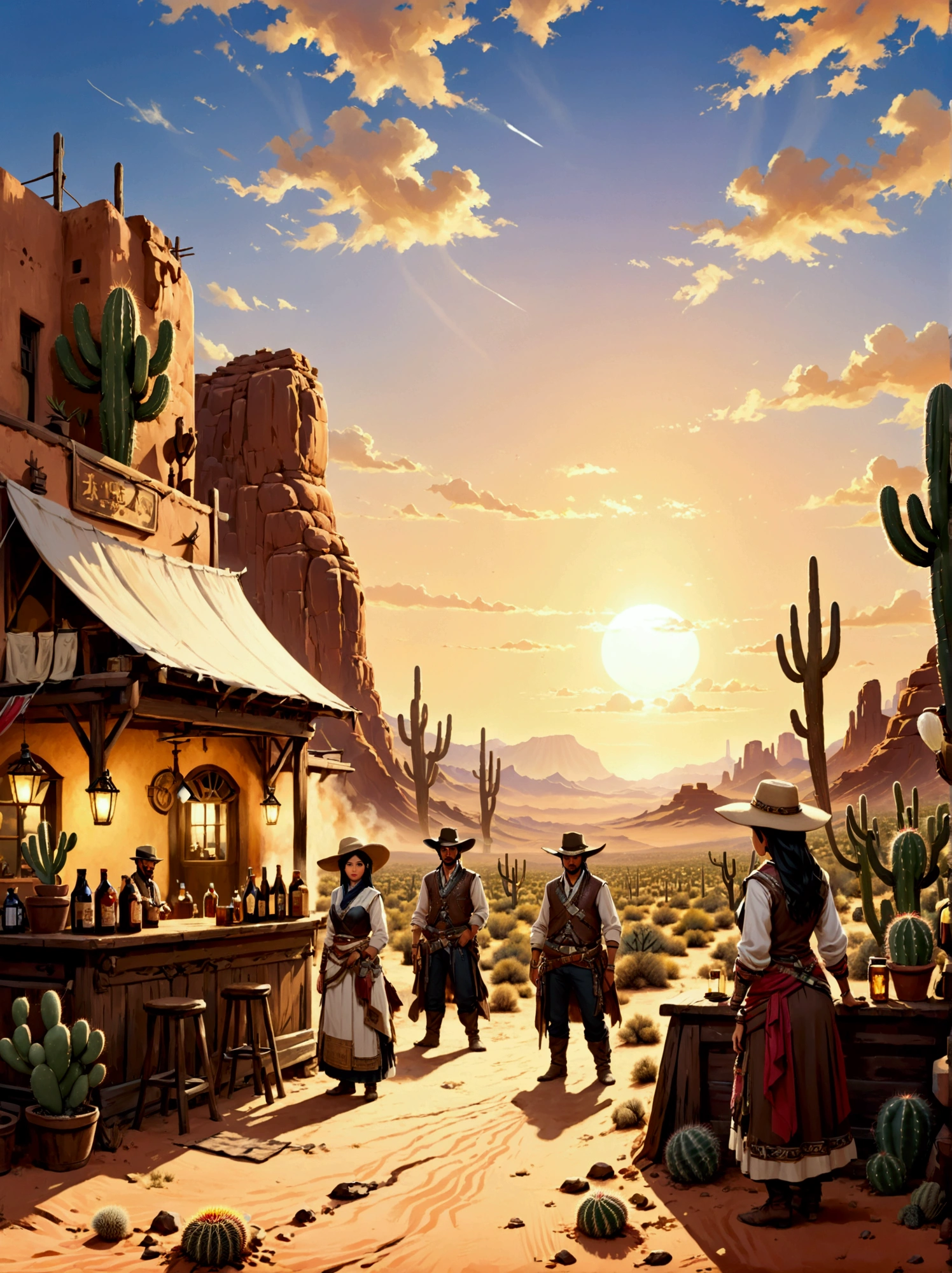 A picturesque role-playing scene，The majestic wild landscape of Arizona is in the background。Let&#39;s imagine，The endless desert plains are bathed in the warm golden light of the setting sun，Cacti dot the horizon。A group of people from different origins，Middle Eastern people、Hispanics and South Asians，A lively role-playing game is in progress。Their clothing ranges from cowboy to pioneer，Each adds to the country charm。In the distance stands a typical Western-style wooden bar.，Adds a touch of realism to the scene。