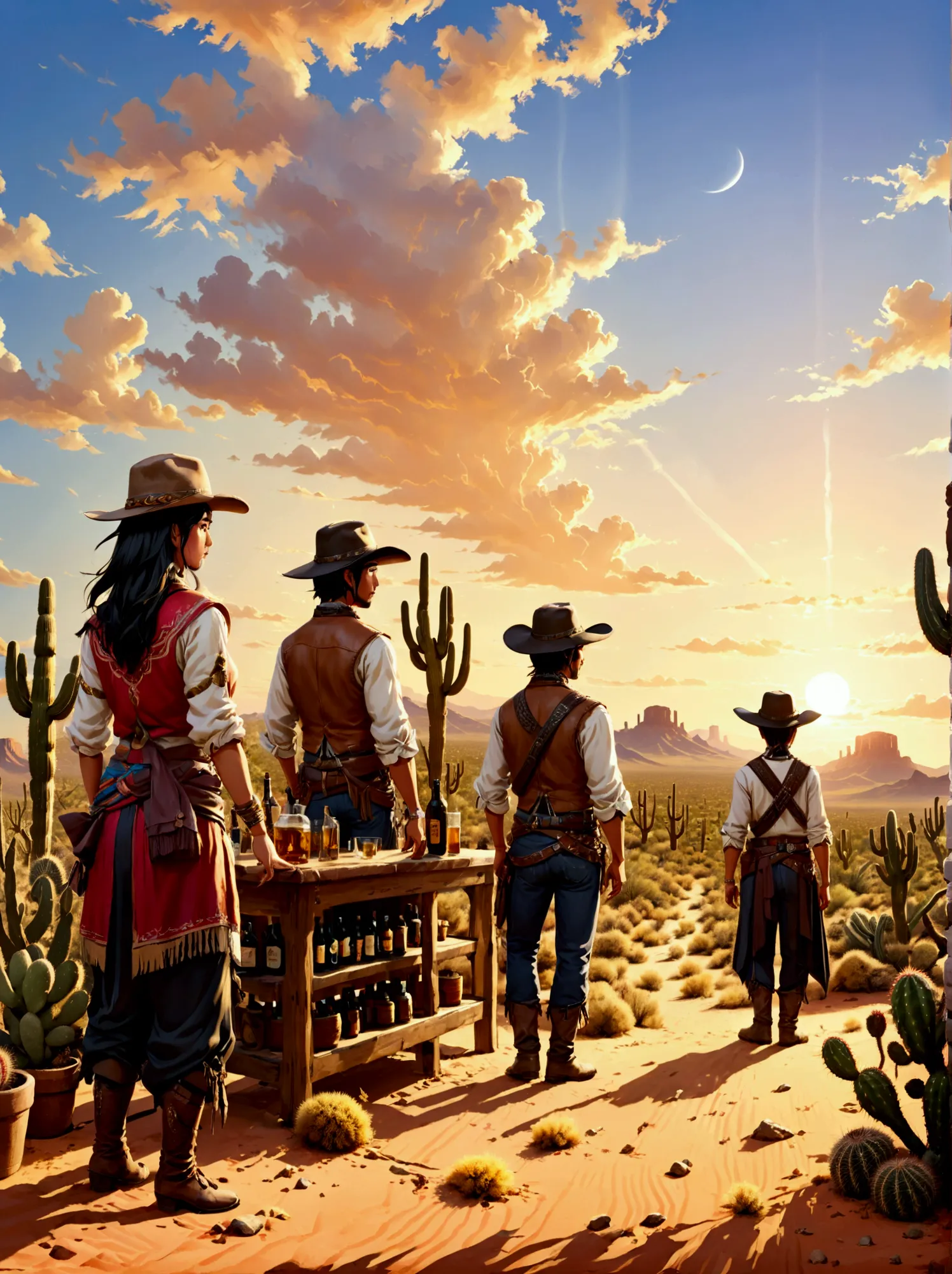 a picturesque role-playing scene，the majestic wild landscape of arizona is in the background。let&#39;s imagine，the endless deser...