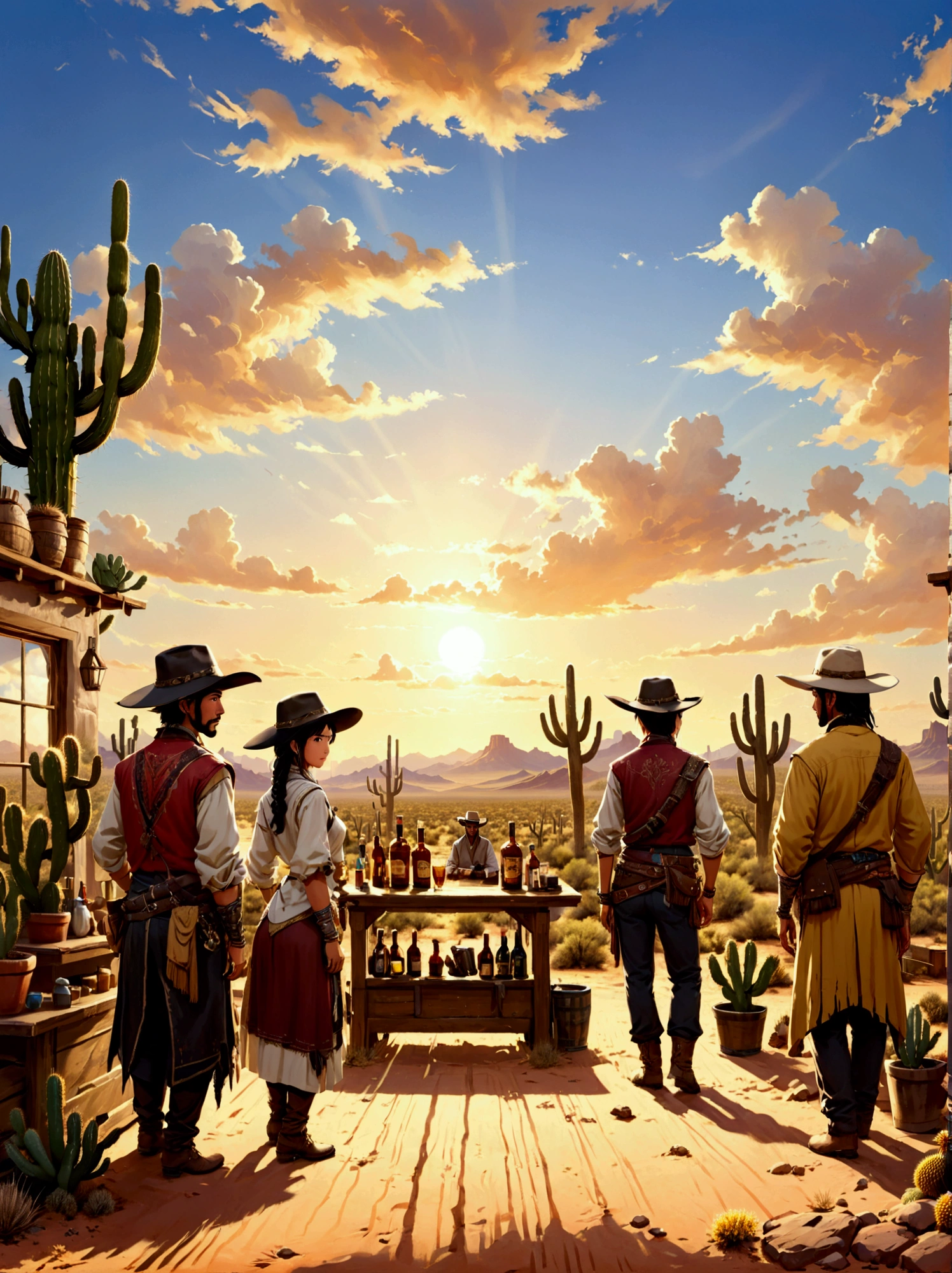 A picturesque role-playing scene，The majestic wild landscape of Arizona is in the background。Let&#39;s imagine，The endless desert plains are bathed in the warm golden light of the setting sun，Cacti dot the horizon。A group of people from different origins，Middle Eastern people、Hispanics and South Asians，A lively role-playing game is in progress。Their clothing ranges from cowboy to pioneer，Each adds to the country charm。In the distance stands a typical Western-style wooden bar.，Adds a touch of realism to the scene。