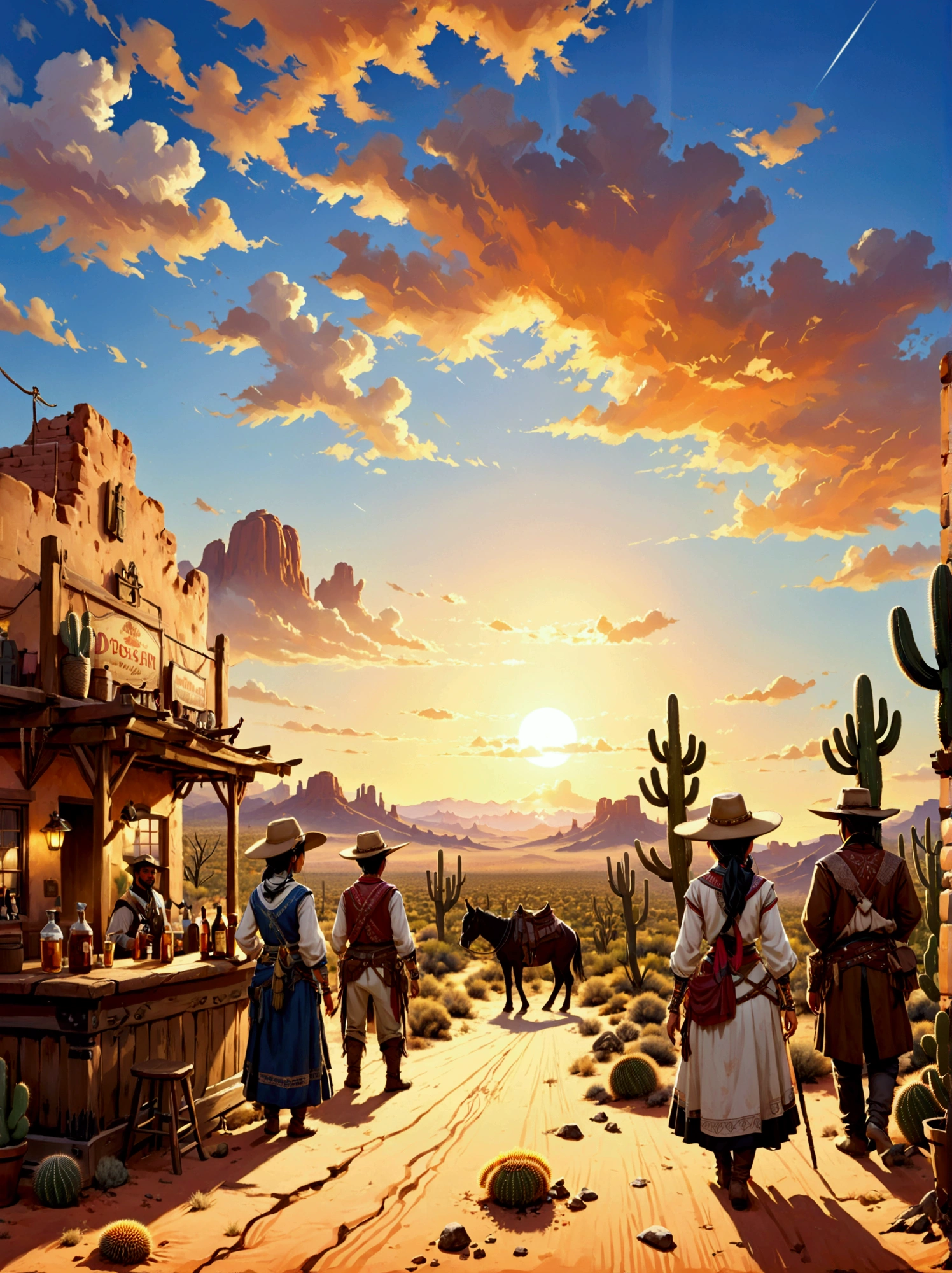 A picturesque role-playing scene，The majestic wild landscape of Arizona is in the background。Let&#39;s imagine，The endless desert plains are bathed in the warm golden light of the setting sun，Cacti dot the horizon。A group of people from different origins，Middle Eastern people、Hispanics and South Asians，A lively role-playing game is in progress。Their clothing ranges from cowboy to pioneer，Each adds to the country charm。In the distance stands a typical Western-style wooden bar.，Adds a touch of realism to the scene。