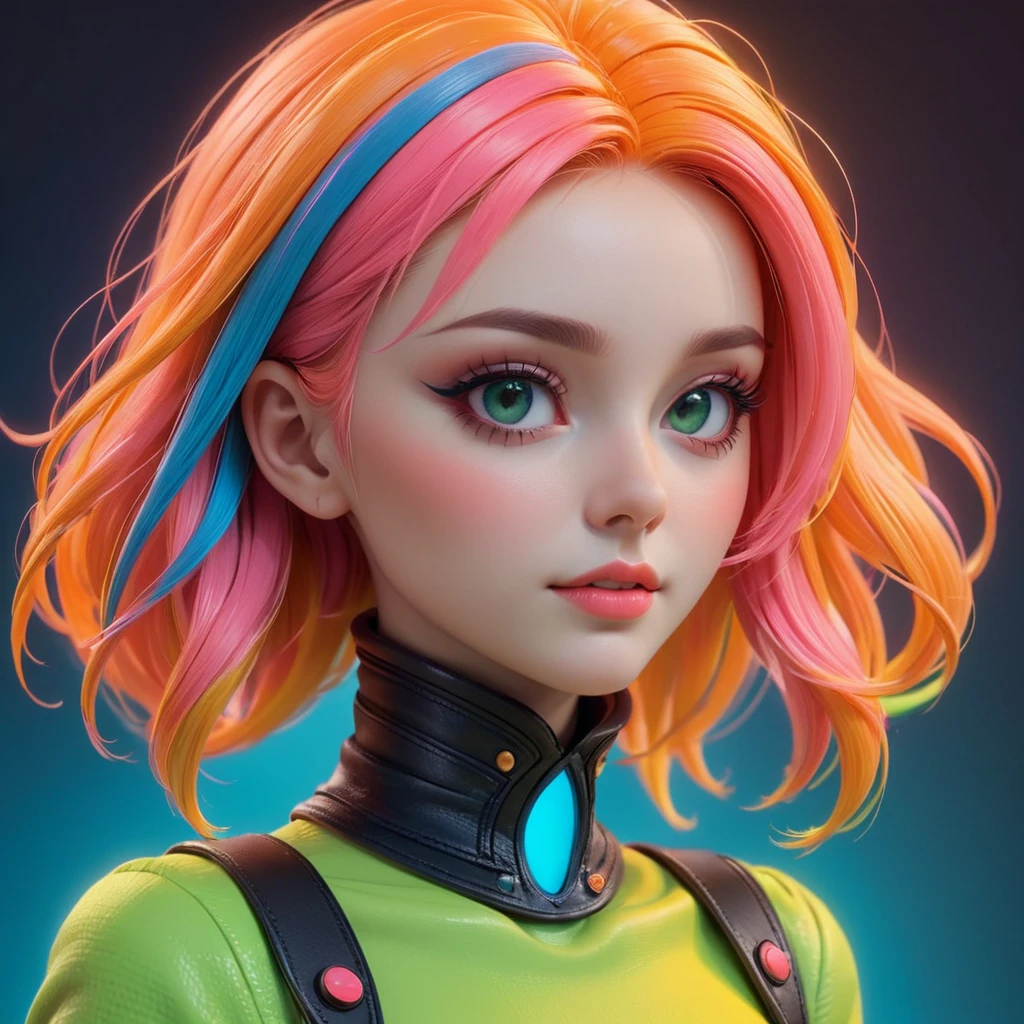 mulher de frente de pé, seio grande , coxa sexy, macacão látex, ternp zero, macabre style kawaii style Adorable 3D Character, Ombre color scheme of neon orange, neon pink, neon blue, neon yellow, neon green, (woman:1.1) with (elongated neck:1.3) Philippe Druillet Style ral-watrho subsurface scattering, Photorealistic, Hyperrealistic, analog style, realistic, film photography, soft lighting, heavy shadow, 3D render, adorable character, 3D art . cute, adorable, brightly colored, cheerful, anime influence, highly detailed . dark, gothic, grim, haunting, highly detailed