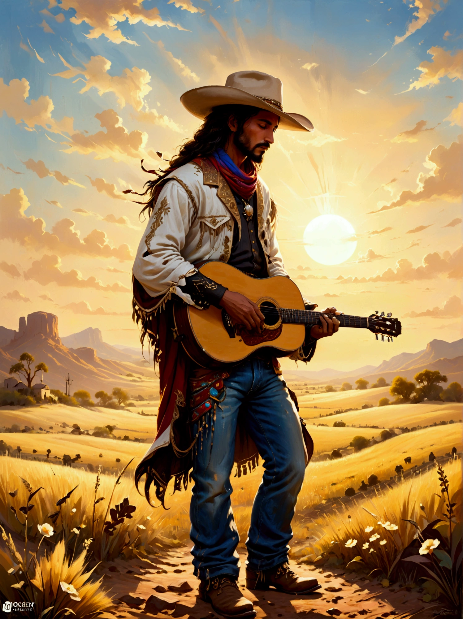 A Middle-Eastern cowboy, adorned in traditional cowboy attire with a wide-brimmed hat, weathered boots, and a rugged jeans standing on a vast field. His hands mastering the chords of an acoustic guitar as one would expect from a seasoned musician. He is facing the radiant hues of the setting sun, the golden light painting an ethereal glow on his face and casting long shadows behind him. There is an aura of tranquility, perhaps he's playing a soulful melody that resonates with the rhythm of nature. Endless horizons and dusking skies fill the backdrop, enhancing the picturesque scene.