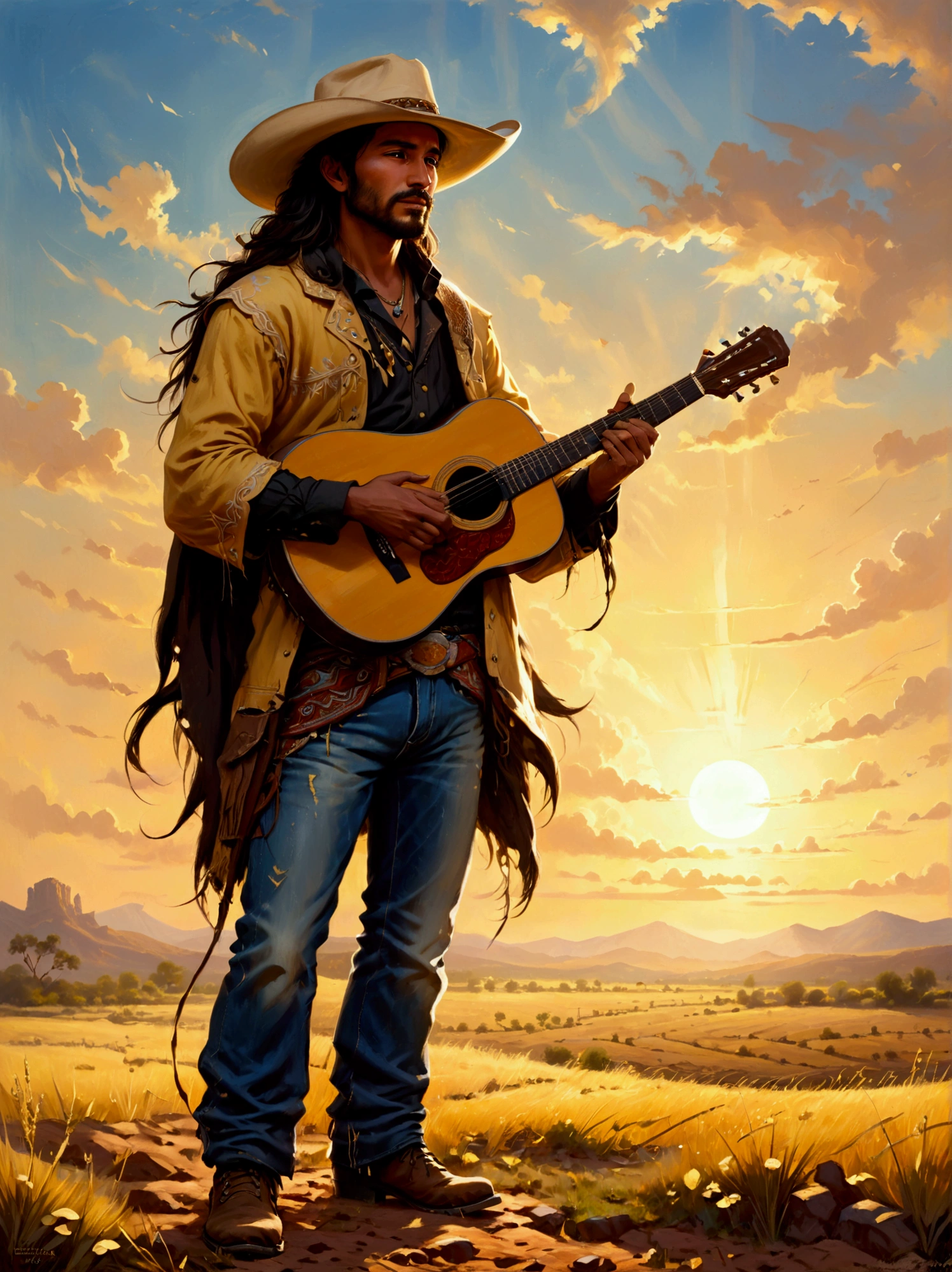 A Middle-Eastern cowboy, adorned in traditional cowboy attire with a wide-brimmed hat, weathered boots, and a rugged jeans standing on a vast field. His hands mastering the chords of an acoustic guitar as one would expect from a seasoned musician. He is facing the radiant hues of the setting sun, the golden light painting an ethereal glow on his face and casting long shadows behind him. There is an aura of tranquility, perhaps he's playing a soulful melody that resonates with the rhythm of nature. Endless horizons and dusking skies fill the backdrop, enhancing the picturesque scene.