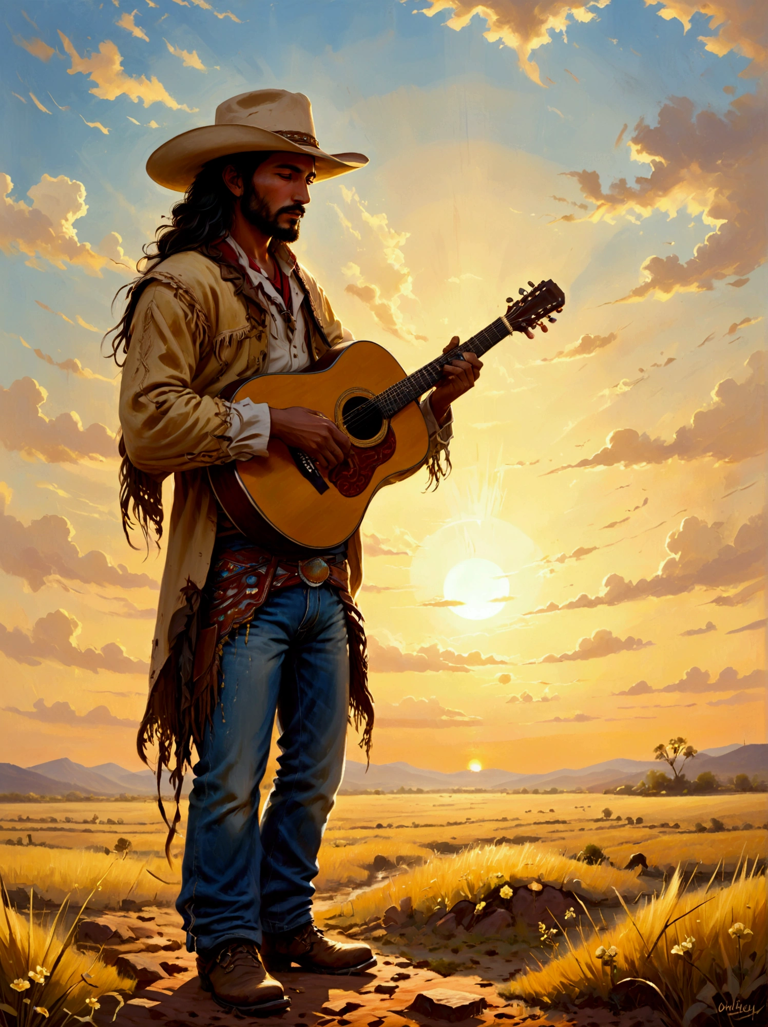 A Middle-Eastern cowboy, adorned in traditional cowboy attire with a wide-brimmed hat, weathered boots, and a rugged jeans standing on a vast field. His hands mastering the chords of an acoustic guitar as one would expect from a seasoned musician. He is facing the radiant hues of the setting sun, the golden light painting an ethereal glow on his face and casting long shadows behind him. There is an aura of tranquility, perhaps he's playing a soulful melody that resonates with the rhythm of nature. Endless horizons and dusking skies fill the backdrop, enhancing the picturesque scene.