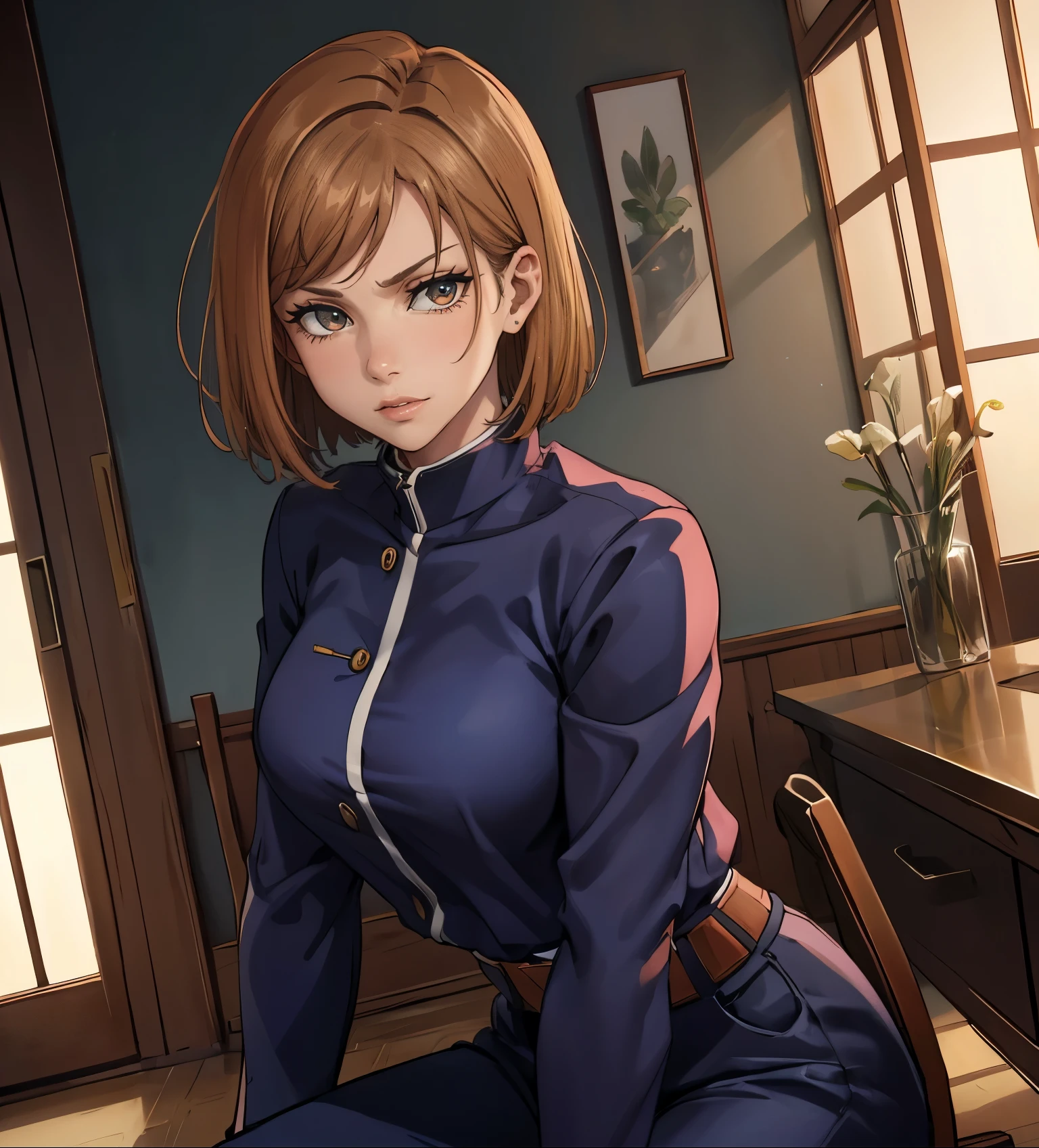 (masterpiece:1.2, best quality:1.2, beautiful, high quality, highres:1.1), 1girl, detailed, short hair, short brown hair, short brown hair, full body, sitting on a chair, admiring viewer, posing, extremely detailed 4K, perfect eyes, perfect face, jujutsu kaisen, uniform, dark clothes only, 1girl , circle arms, serious gaze, ready for battle, jujutsu uniform, full uniform,dark blue clothes, dark clothes, fully clothed, showing body, upper body, selfie, combat face, brown shiny eyes, brown colored eyes, upper body, portrait, posinf hands, calm face, happy attitude, posing, hands, arms, side bangs, short hair, scars on body, Nobara Kugisaki, perfect eyes dangerous, brown colored eyes, exotica, Nobara Kugisaki LoRA, blue shirt, jujutsu uniform, beautiful view, background, sleeves, beautiful face, perfect lighting, (1girl, solo, adult female, mature female), thin, lithe body, Nobara, light brown, (medium breasts), ((sensual seductive))