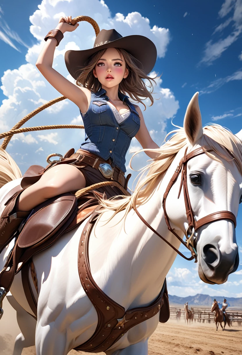 a beautiful cute girl riding a wild bucking horse, horse rising up:1.3, incredible horseriding skills, thrilling rodeo scene:1.3, dust clouds rising from the ground, girl's exciting facial expression, ultra-detailed, 8k, photorealistic, vivid colors, dramatic lighting, action, cowgirl, western style, through bangs, bright eyes, sparkling pupils, beautiful detailed (cute face,  eyes, lips), middle breasts, cowgirl outfit, leather, boots, hat, lasso, outdoor field, blue sky, dramatic clouds, highly detailed, 8K, masterpiece, ultra-realistic, photorealistic:1.37, HDR, UHD, highres, 