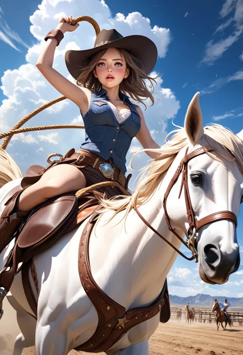 a beautiful cute girl riding a wild bucking horse, horse rising up:1.3, incredible horseriding skills, thrilling rodeo scene:1.3...