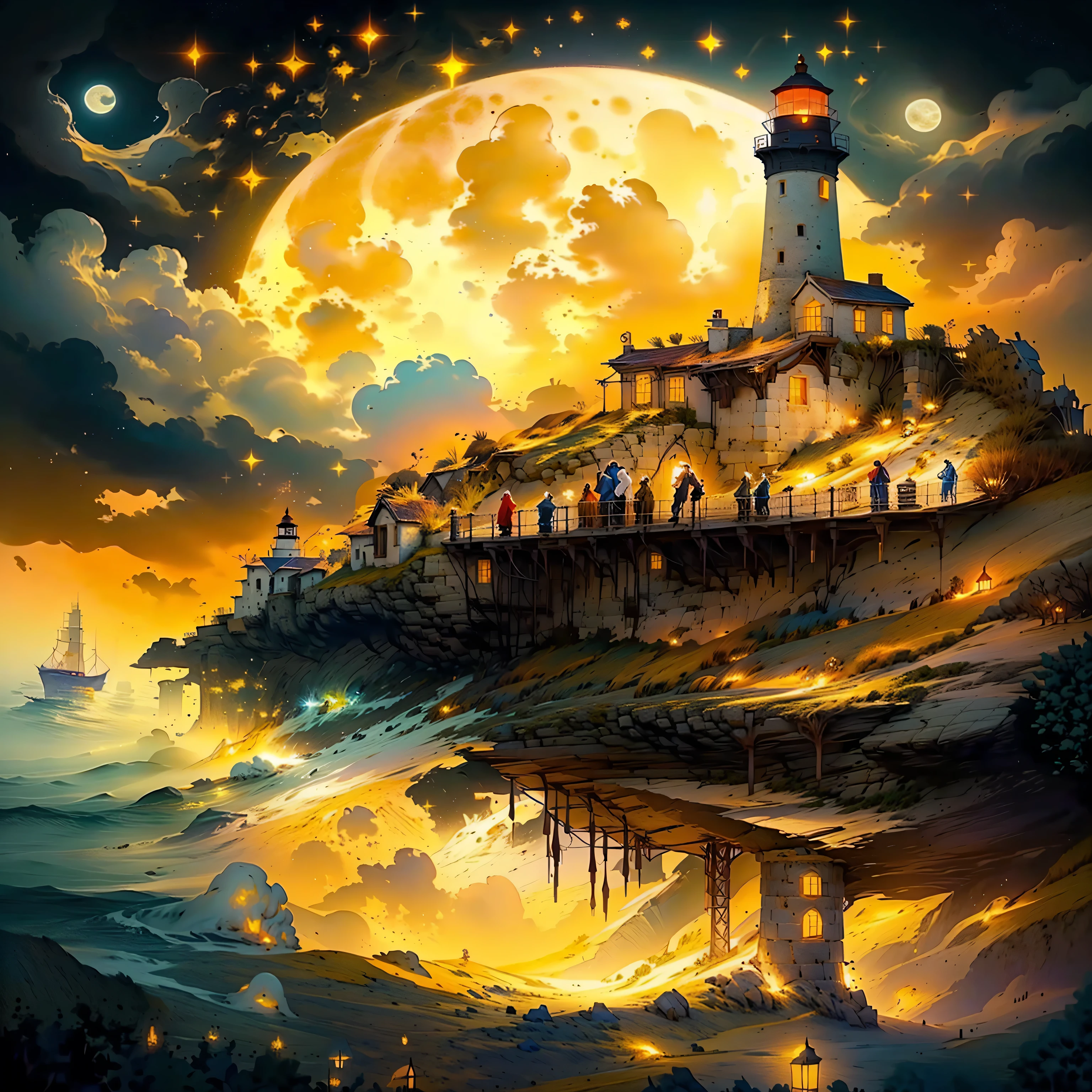 a painting of a lighthouse on a cliff with a full moon in the background, painted tower of the moon, detailed dreamscape, 4k highly detailed digital art, the glow of the moonlight, cyril rolando and m.w kaluta, cyril rolando and m. w kaluta, inspired by Cyril Rolando, surreal scene, science fantasy painting, fantasy painting hd